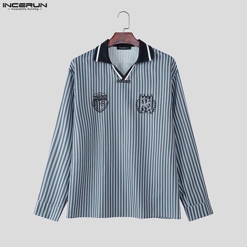 INCERUN Oversized Men Lapel Long Sleeve Striped Letter Print Casual Loose Tops T-Shirts