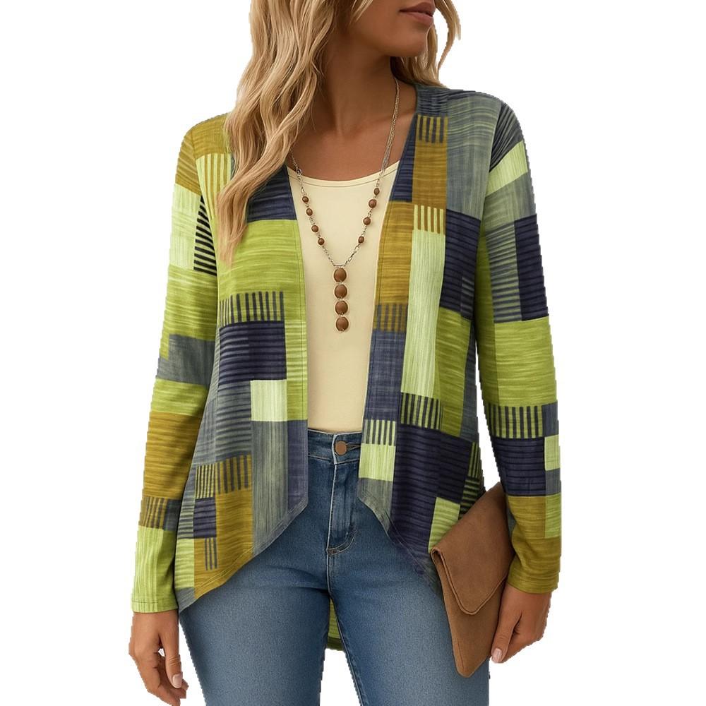 

2025 Новый женский повседневный кардиган с круглым вырезом и длинными рукавами с цифровой печатью, женский топ, футболка S жёлтый