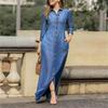 Abito Camicia Denim Casual da Donna Manica Lunga Abbottonato Colletto con Patta Taschino Gonna Lunga Confortevole Nuova Moda Autunno