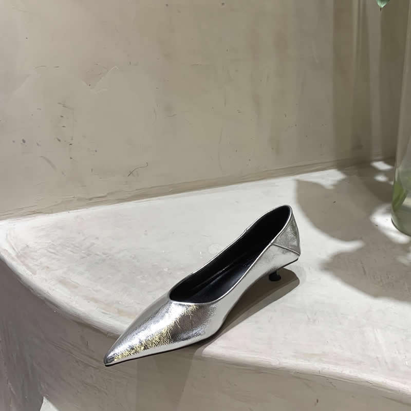 2025 Nové dámské mokasíny s špičatou špičkou, lodičky s nízkým podpatkem, společenské boty stříbrné, pracovní boty do kanceláře pro ženy, černé, jaro, podzim
