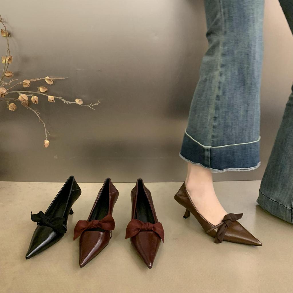 Commuter style burgundy pointed high heels women's 2025 spring and autumn new fashion bow thin heel light mouth single shoes