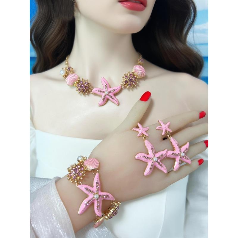 Island style beach starfish vacation four-piece set chain alloy diamond-encrusted bohemian shell jewelry