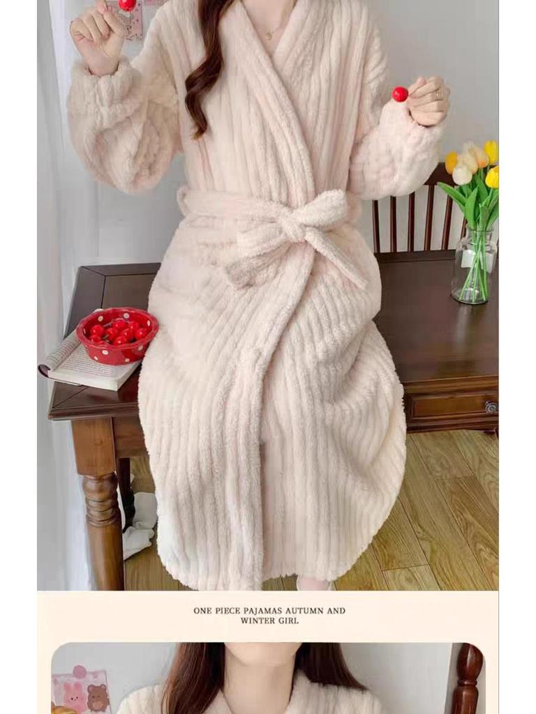 Women's 2025 Autumn/Winter Plush Pajama Set: Vertical Stripe Robe & Lined Nightgown
