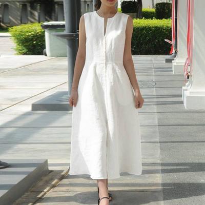 Women Long Dress Solid Color V-Neck Waistband Sleeveless Dress Summer Slit Hem Fashion Casual Dress