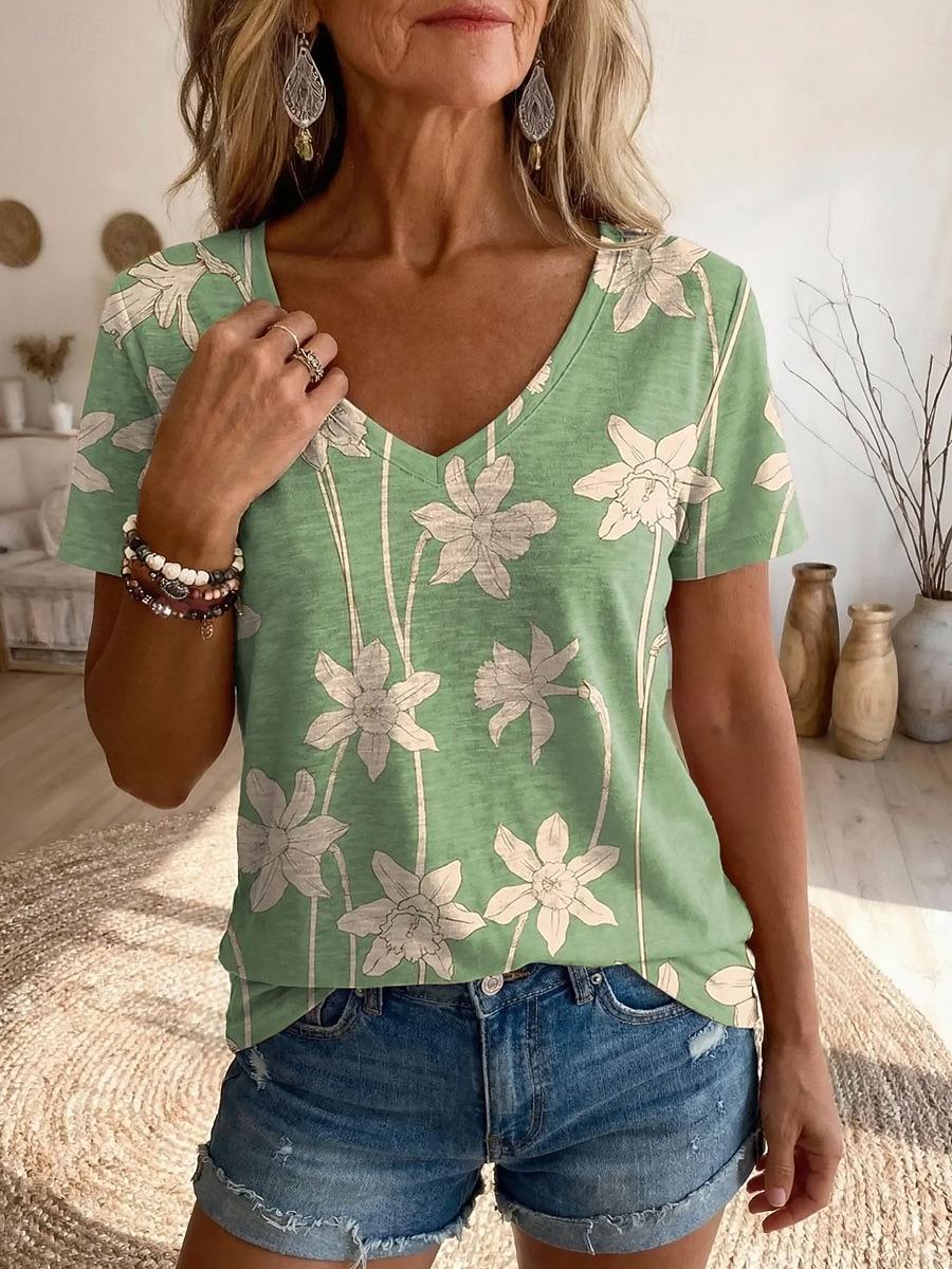 Women s T Shirt Print Floral Graphic Plants Bohemia Vintage Stylish Short Sleeve S