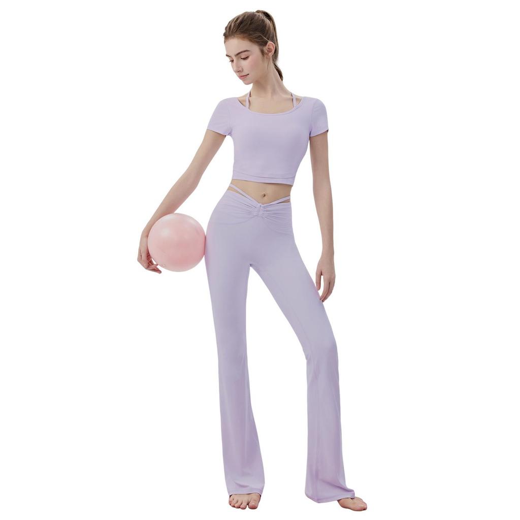 Women's Cooling Yoga Suit: Short Sleeve Top with Built-in Bra & Draping Tie-up Micro Flare Pants Set