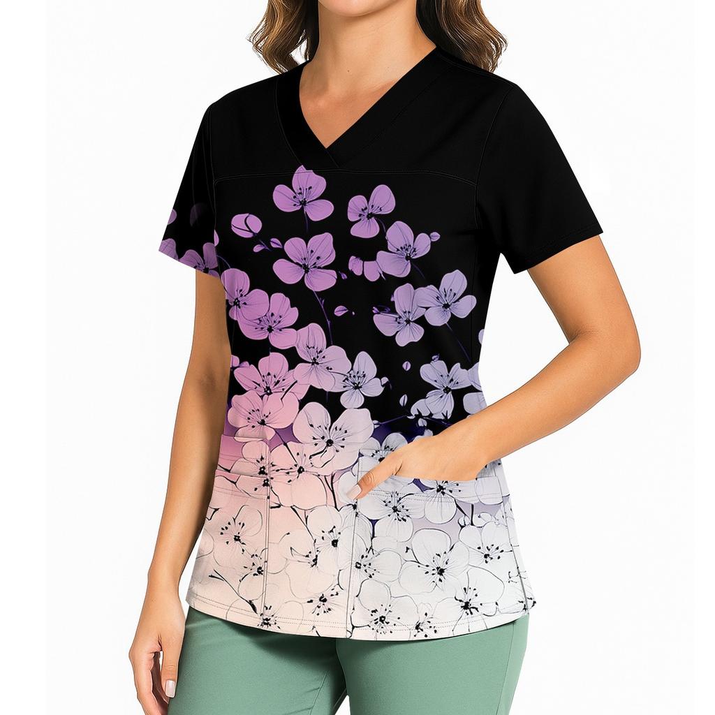 Women's Casual Printed V-Neck Pocket Side Slit Short Sleeved Top Short Sleeved Top