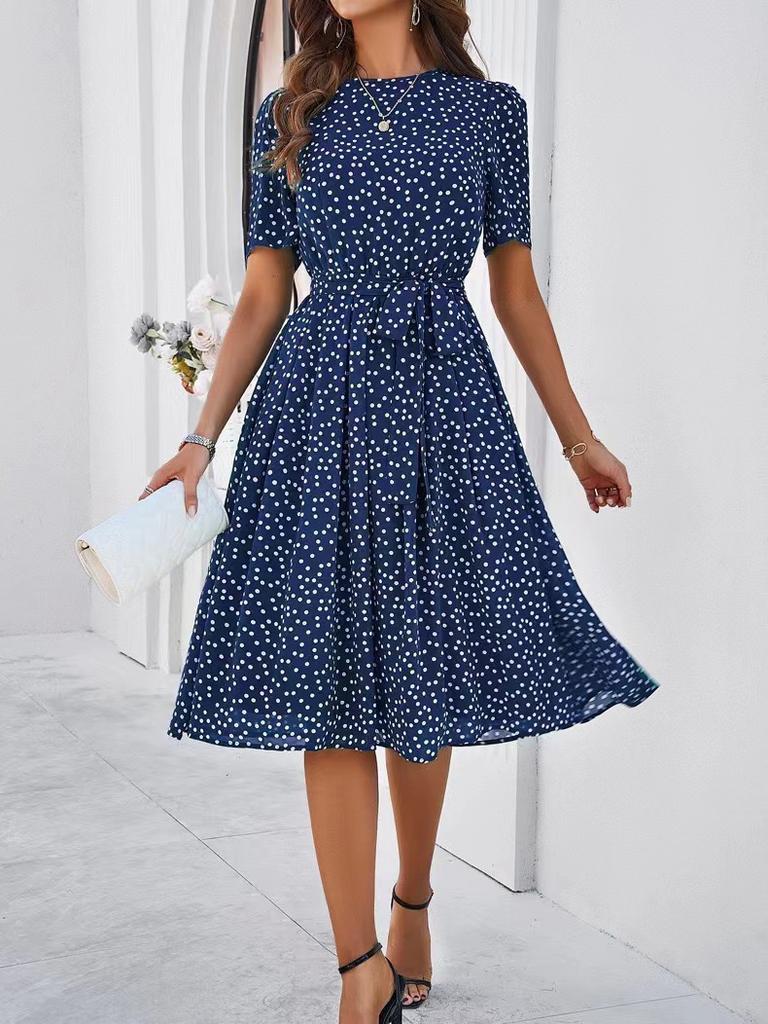 Women's Spring and Summer Temperament Casual Polka Dot Lace-up Print Dress