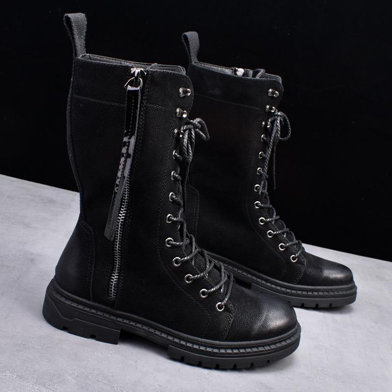 Korean version of Martin boots round head mid-tube leather boots trendy personality punk rock men's autumn and winter lace-up tooling cowboy boots