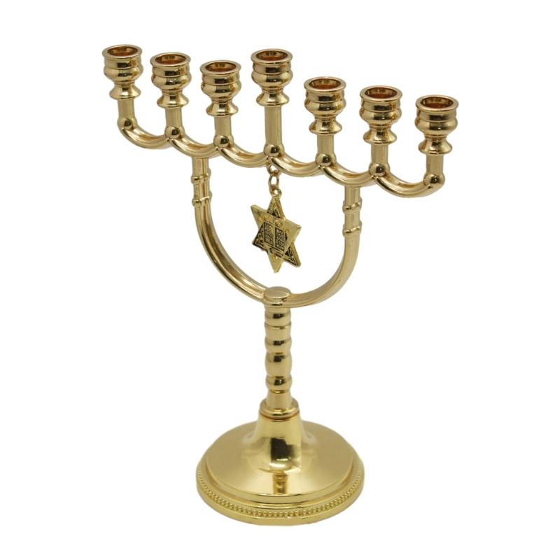 Hanukkah Menorah 7 Branch Holder Stand with Hexagonal Star Pendant X3UC
