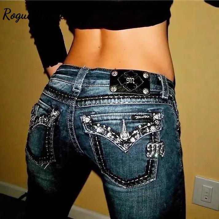 RogueWave Gothic Womens Diamond Embroidery Jeans Vintage Low Rise Flared Jeans Women Retro Y2k Baggy Denim Pants High Streetwear Trousers