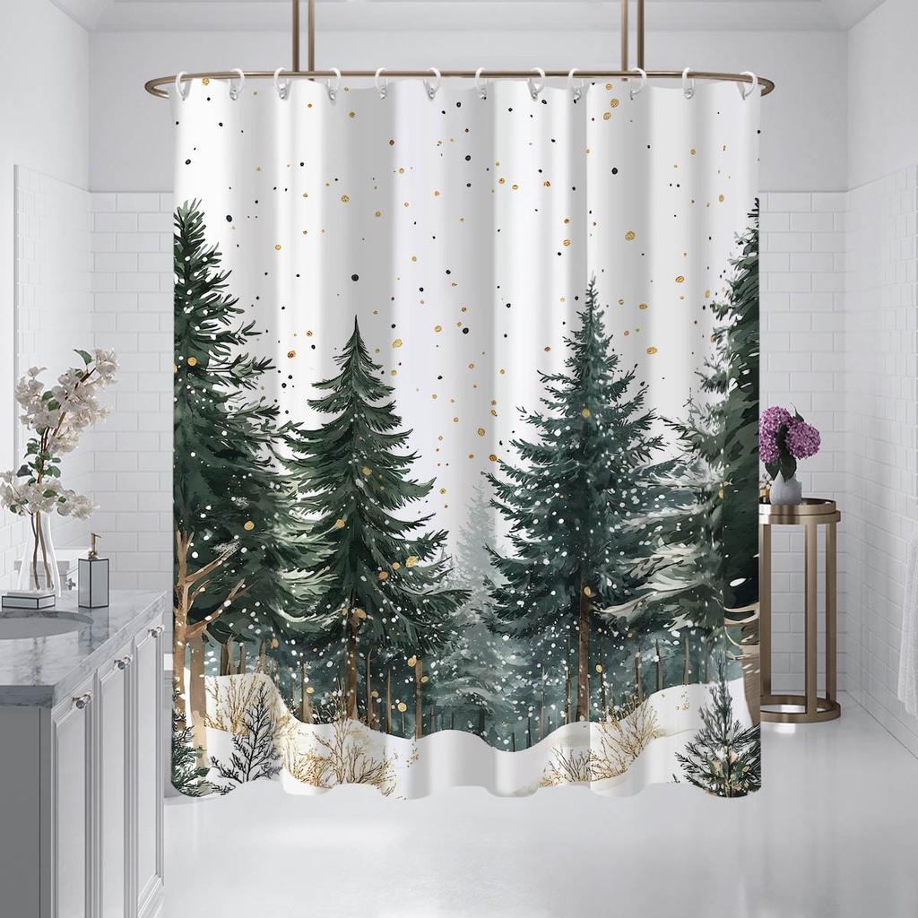 1Pc Pine Forest Print Waterproof Shower Curtain Bathroom Partition Door Curtain Privacy Protection With 12 Hooks Multiple Sizes