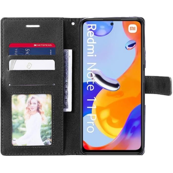 Coque - E.F.CONNECTION - Pour Xiaomi Redmi Note 11 Pro - 2 Verres Trempés - Protection Effet Cuir - Bleu Marine-Noir