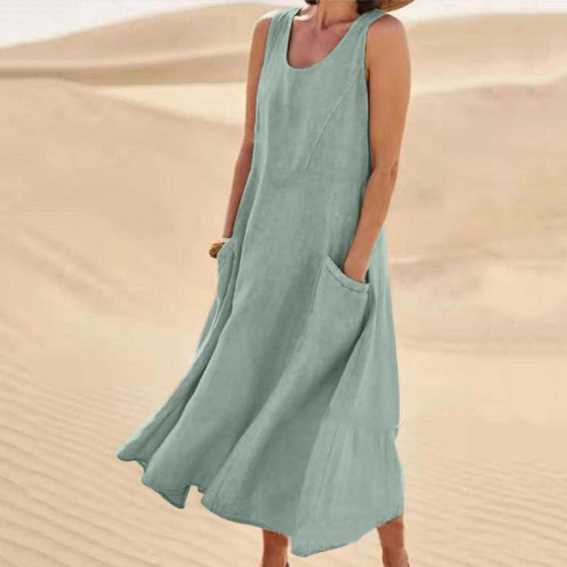 Damen Kleid aus Baumwollleinen, modisch, ärmellos, Rundhalsausschnitt, Tasche, einfarbig, langes Kleid, lässig, lockeres Strandkleid in Übergröße