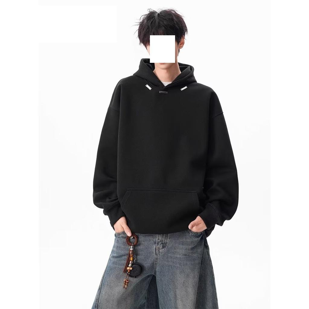 American Heavy Black Hooded Sweater Men's Tide Autumn and Winter New Loose Casual Fleece Thickened Hoodie Jacket