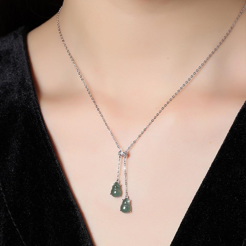New Chinese Style Natural Blue Water Jadeite Double Gourd Pendant S925 Pure Silver Necklace for Women, Premium Clavicle Chain