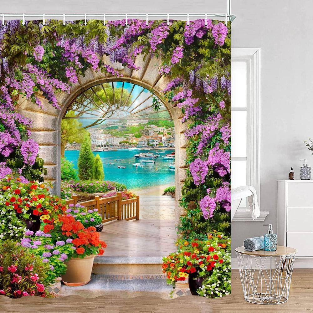 Garden Path Shower Curtains Pink Flowers Green Vines Forest Lane Bathroom Deecorations Nature Polyester Bath Curtains with Hooks