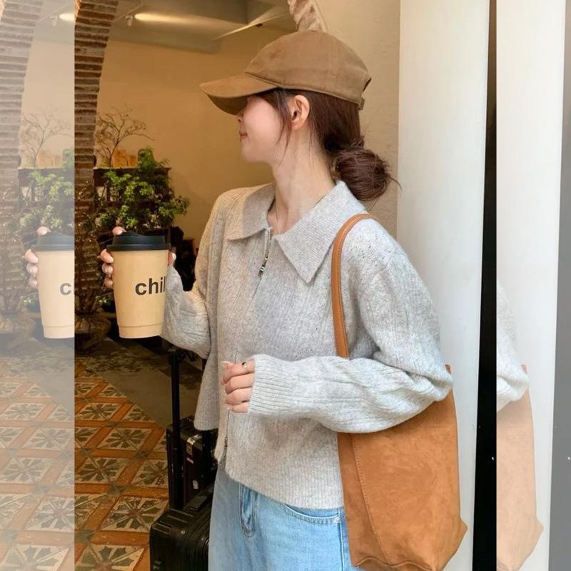 French Goose Yellow Polo Collar Women's Knitted Cardigan with Double Zipper - 2025 Autumn Collection.