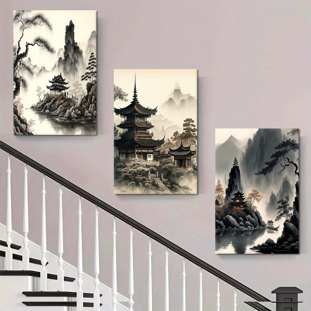 3 pieces of new Chinese ink landscape canvas decorative paintings, Chinese style Zen landscape pavilions, living rooms, entrance