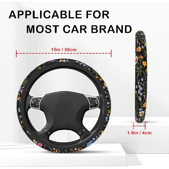 Wildflower Steering Wheel Cover For Women Men, Anti-Slip Breathable And Sweat Absorption Universal 14.5-15 Inch Cute Steering Wheel Protector,
