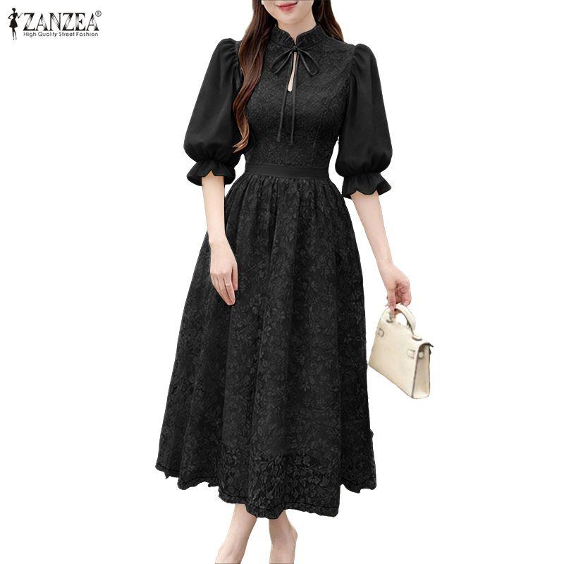 ZANZEA Damen Lässiges Stehkragen 3/4 Ärmel Lockeres Patchwork Spitzenkleid