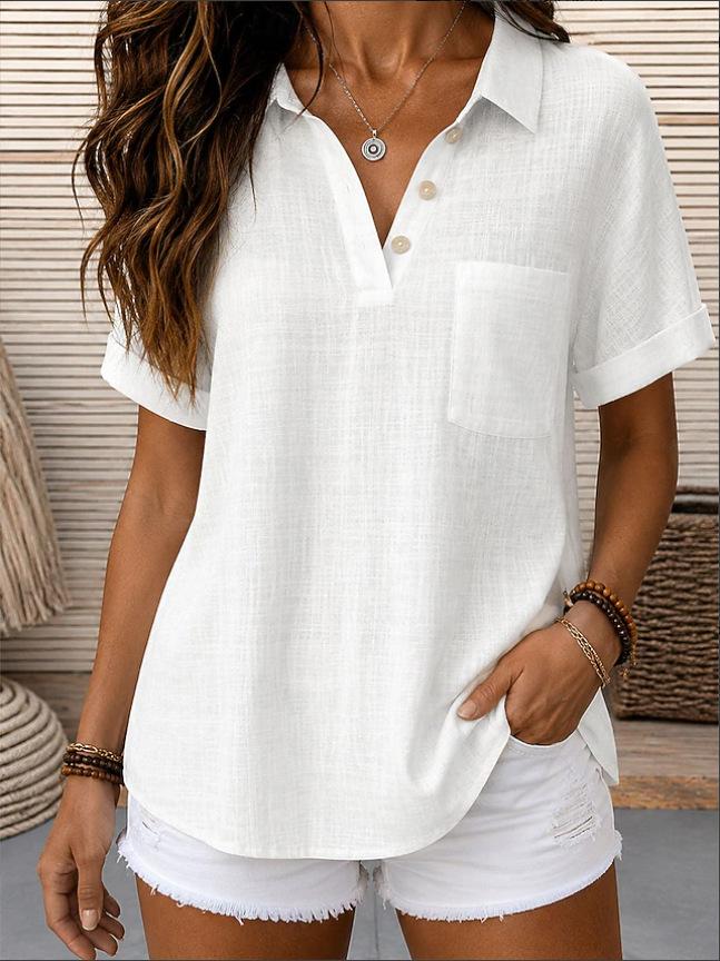 Solid Color Fashion Casual Lapel Short Sleeve Shirt For Women