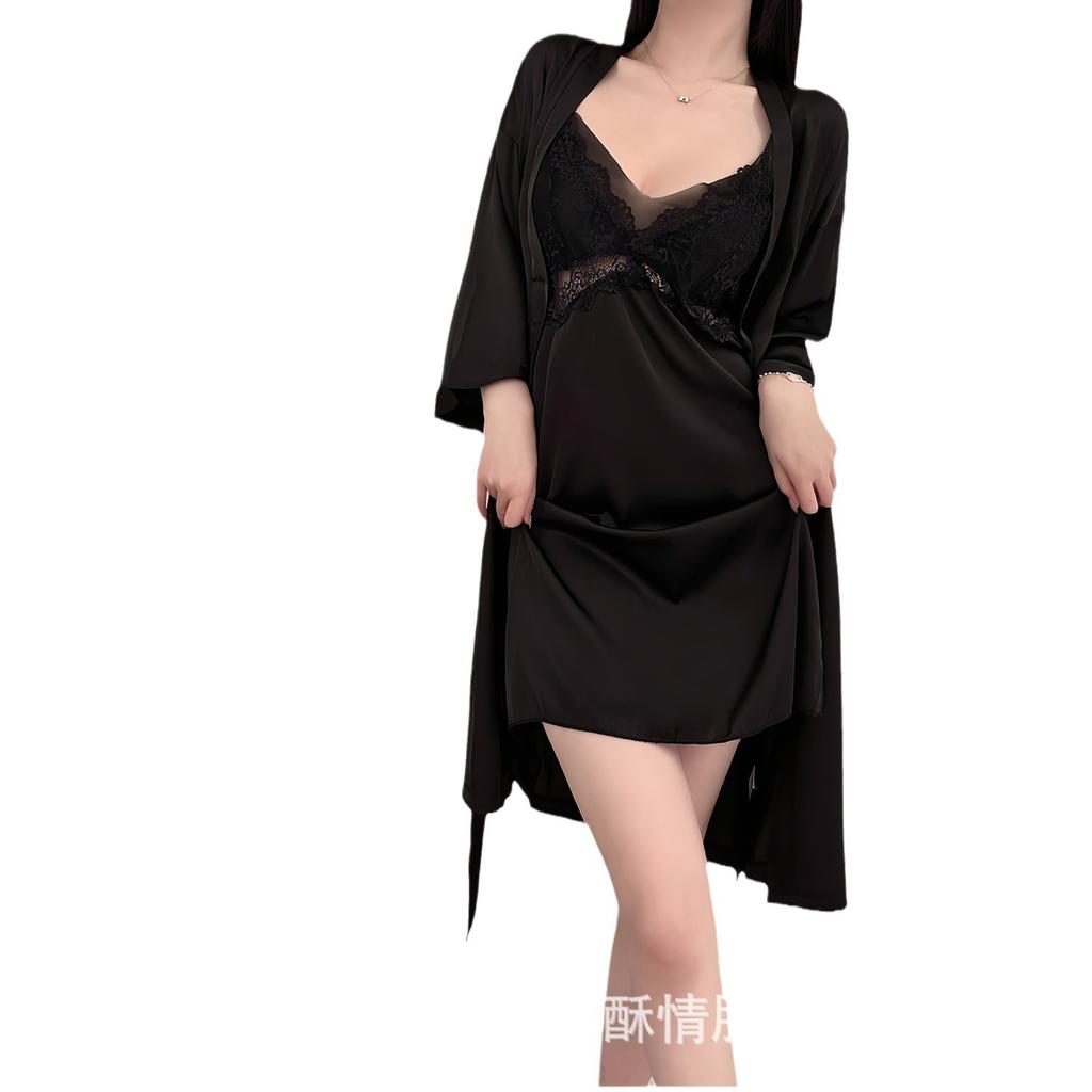 Spring and Summer Sexy Nightdress Lace Temptation V-neck Gathering Ice Silk Suspender Nightdress Backless Chest Pad Suspender Nightdress Set