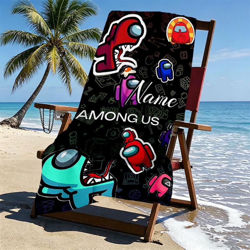 Custom Name Personalized Among Us Print Beach Towel, for Trip Camping Beach Party Home Decor, Birthday Gift for Family & Friends