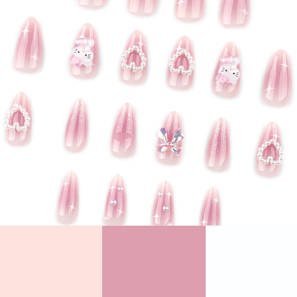 Japanese Style Sweet Wearable Nail Art - Blush Bow Heart Design False Nails