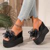 Women's Black Faux Cover Wedge Sandals with Floral Accent - 10cm Height Increase, Peep Toe, Thick Sole, Stylish Summer Platform Shoes for Casual