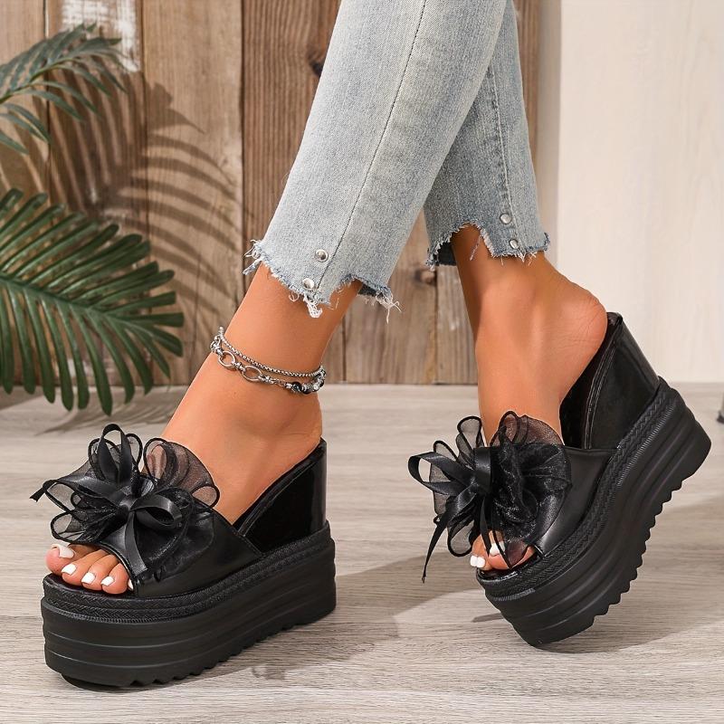 Women's Black Faux Cover Wedge Sandals with Floral Accent - 10cm Height Increase, Peep Toe, Thick Sole, Stylish Summer Platform Shoes for Casual