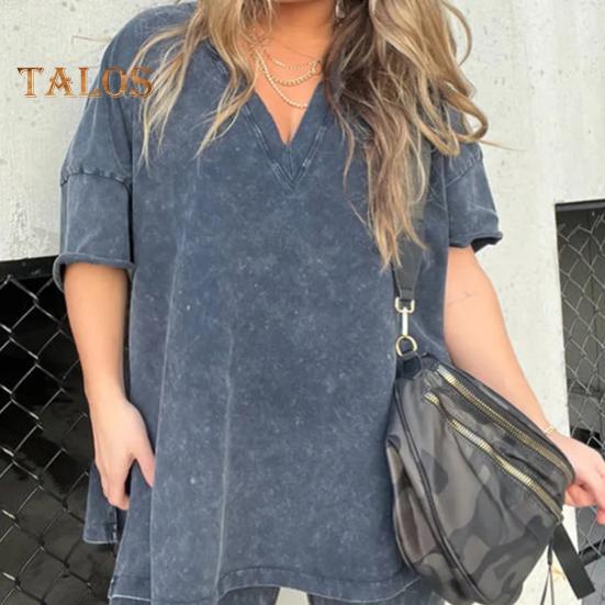 2 Teile/satz Frauen Sommer Sportswear-Set V Neck Side Split Kurzen Ärmeln Lose T-shirt Elastische Taille Mini Hosen Set Trainingsanzug Sport kleidung