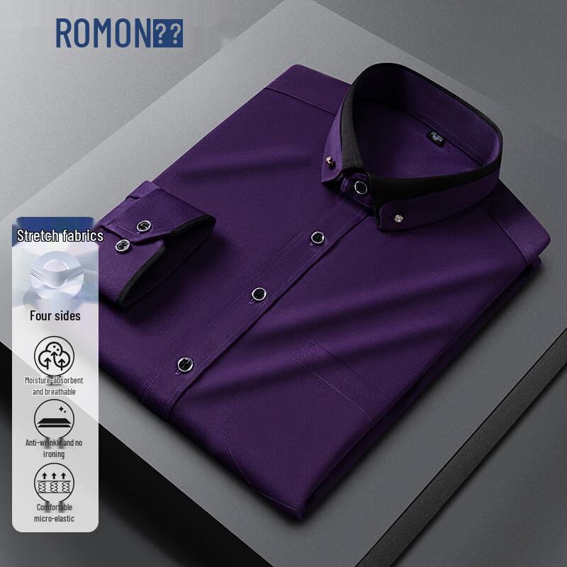 ROMON Men s Business Stretch Wrinkle-Resistant Long Sleeve Shirt 39