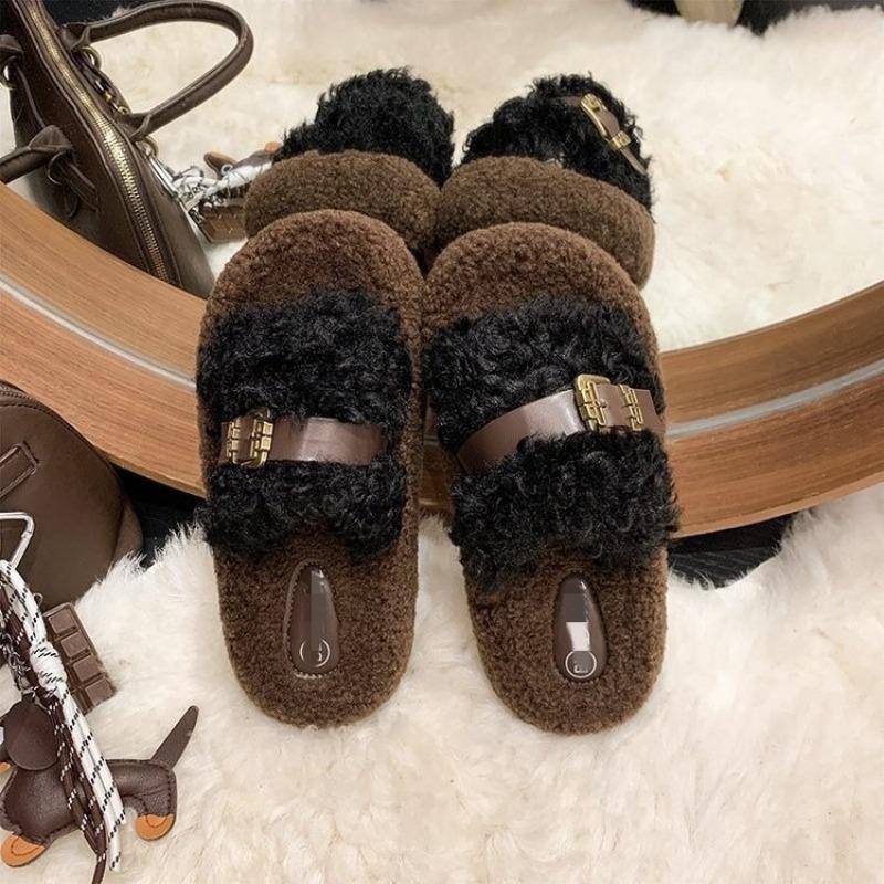 Thick-soled outer slippers women's new autumn and winter fluffy belt buckle fashion home cotton slippers