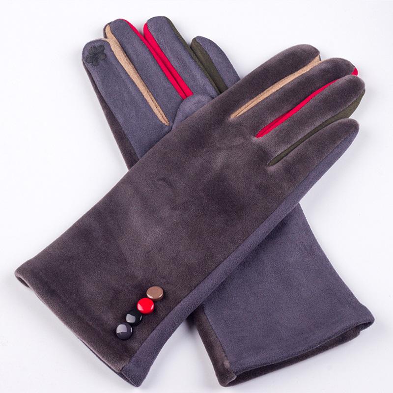 Autumn Winter Female Button Suede Leather Velvet Cashmere Full Finger Warm Bow Glove Women Embroidery Touch Screen Mitten F9