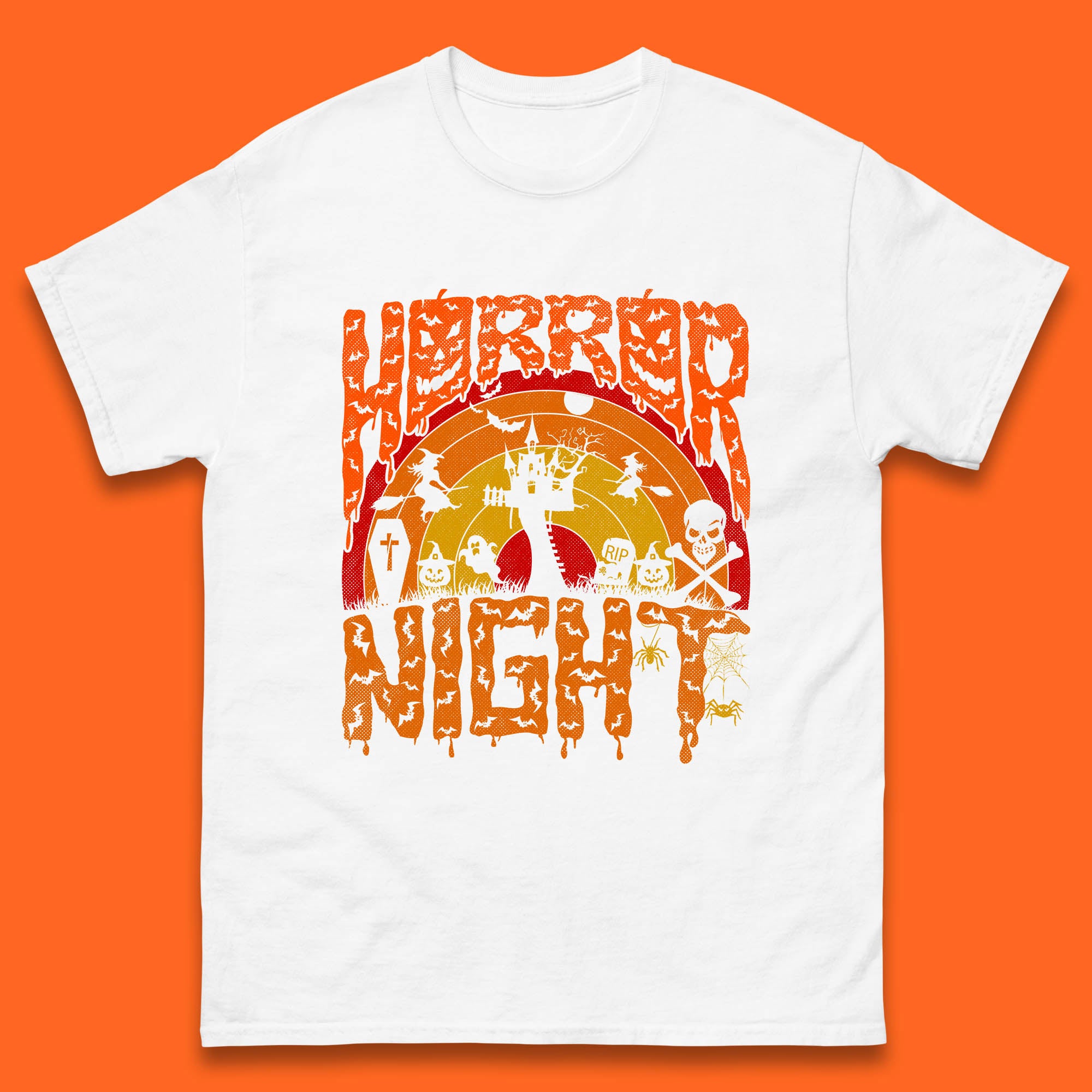 

Halloween Horror Night Vintage Rainbow Flying witches Scary Boo Spooky Festive Night Mens Tee Top 3XL