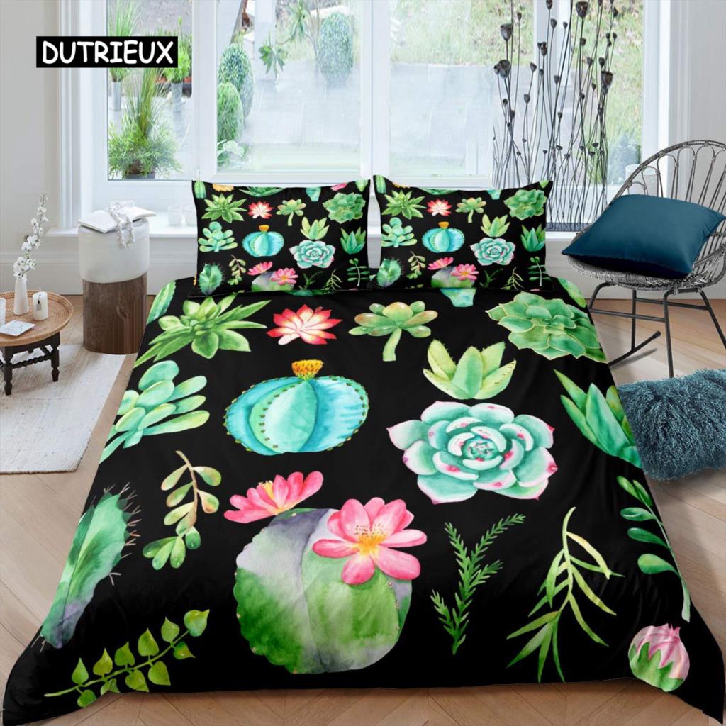 Sukkulenten Bettbezug Set Grüne Pflanze Tropisches Botanisches Bettwäsche Set Aquarellmalerei Stilvolles Naturthema Twin Quilt Cover