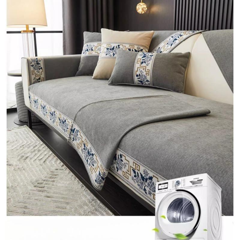 Chinese Style Non Slip Sofa Cushion with Embroidery Edge Sofa Cover Fabric Four Seasons Seat Mat Home Decoration Universal Sofa Pad