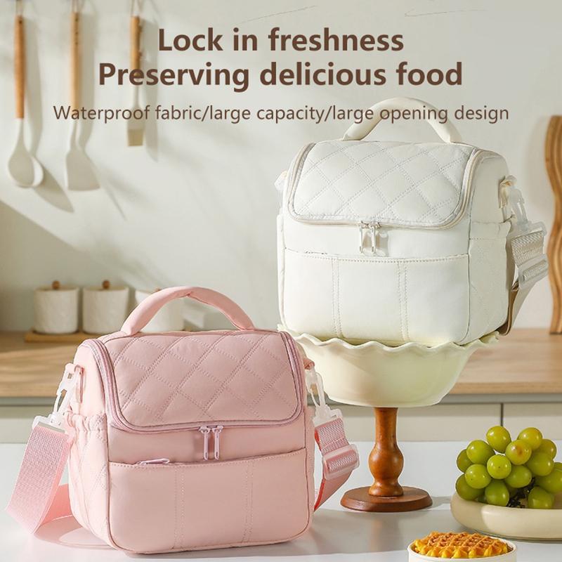 Pink Quilted Insulated Lunch Bag With Removable Strap Padded Handle For Work School Picnics