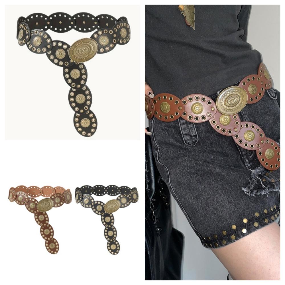 Steampunk Wide Waist Belt Gold Studded Vintage Western Belt Pu Leather Waistband Cowboy Large Round Buckle Belt For Themed Party