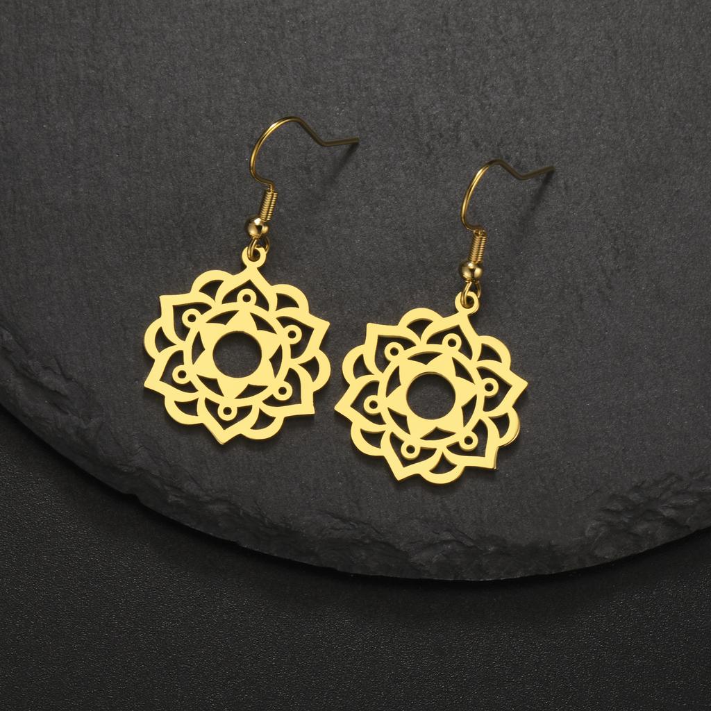 LIKGREAT Stainless Steel Lotus Flower Earrings Elegant Mandala Chakra Drop Pendant Women Healing Buddha Spiritual Yoga Jewelry