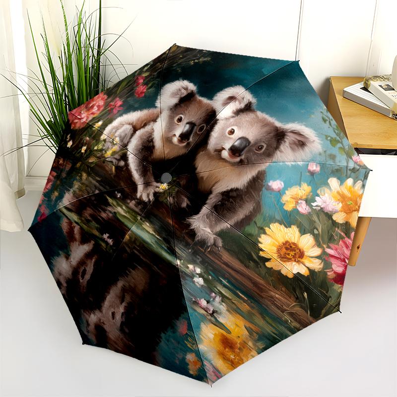 Fantasia koala e fiori, ombrello pieghevole automatico, design portatile e pieghevole, 8 stecche, un regalo di Natale o di compleanno.