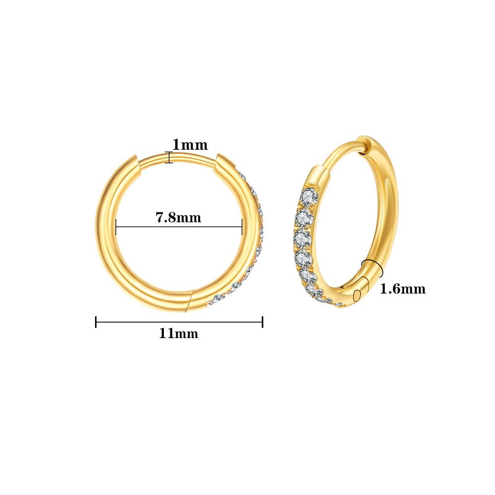 Gold Zirconia Stainless Steel Hoop Earrings - Versatile Round Micro Paved Studs with Stones.