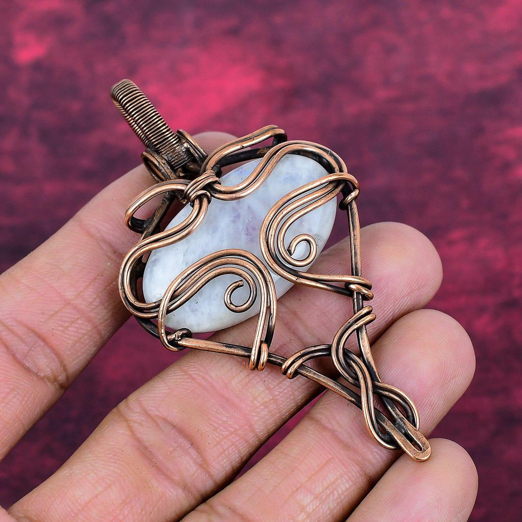 Rainbow Moonstone Pendant Copper Wire Wrapped Gemstone Pendant Handmade Jewelry