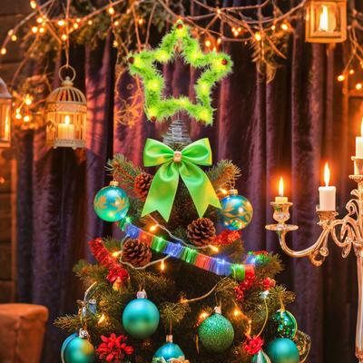 Furry Green Elf Tree Top Star 3D Plush Faux Fur Star Christmas Treetop Ornament with Red Balls for Xmas Tree Holiday Home Party Decor