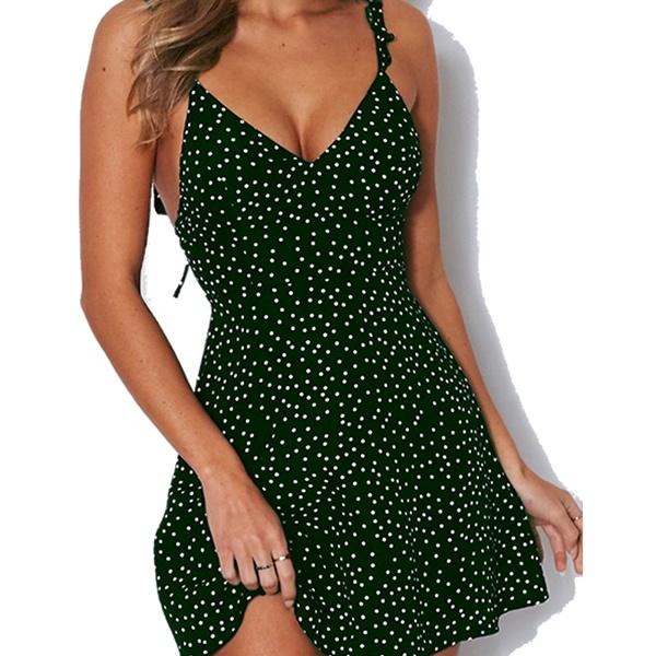 Summer Women's New Fashion Sleeveless Polka Dot V-neck Strap Mini Backless Casual Top Dresses