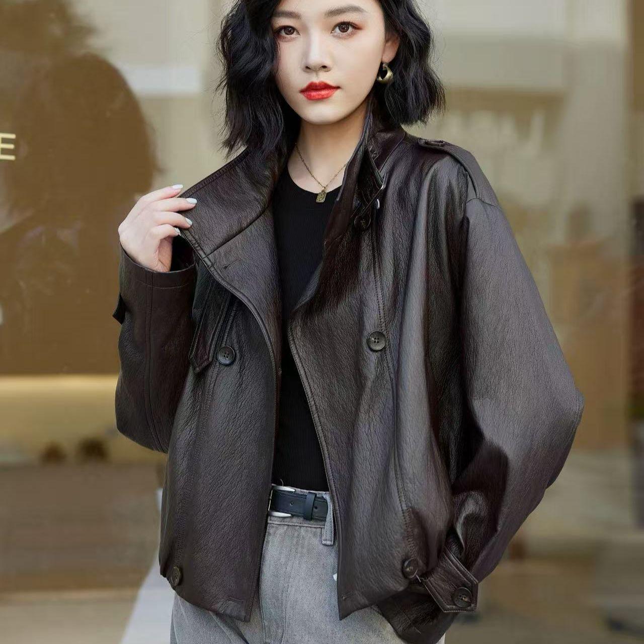 

Женская осенняя кожаная мотокуртка в американском стиле 2025 года со стойкой L for 110-119 lbs