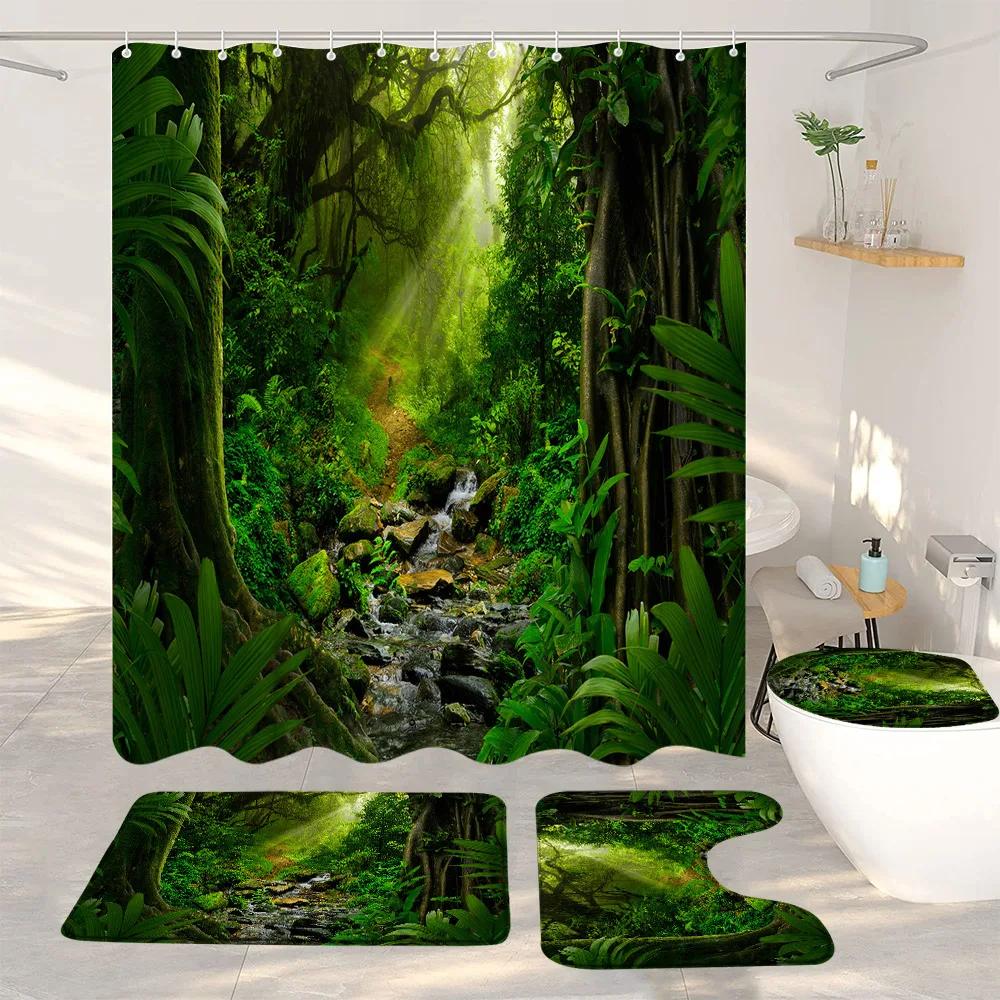 Ocean Beach Shower Curtains And Rugs For Seaside Tropical Landscapes Coconut Trees Cars Hanging Curtains Bath Pad Bathroom Decor