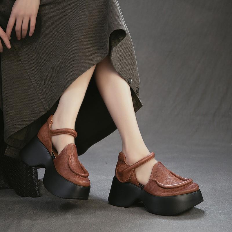 Johnature Sandales en Cuir Véritable à Semelles Épaisses Bout Rond Rétro Talon Épais Chaussures Plateformes pour Femmes