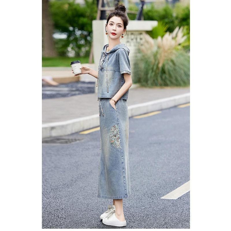 Fashion Embroidery Denim Skirt Set Women Summer Hooded Two Piece Outfit Chinese Style Vintage Youthful